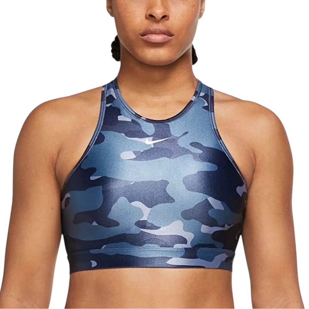 Nike Dri-FIT Blue Camo Metallic Shine High Neck Racerback Sports Bra Size Large